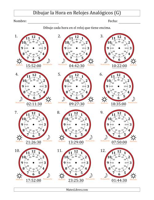 La hoja de ejercicios de Representar la Hora en Relojes Analógicos de 24 Horas en Intervalos de 30 Segundo (12 Relojes) (G)