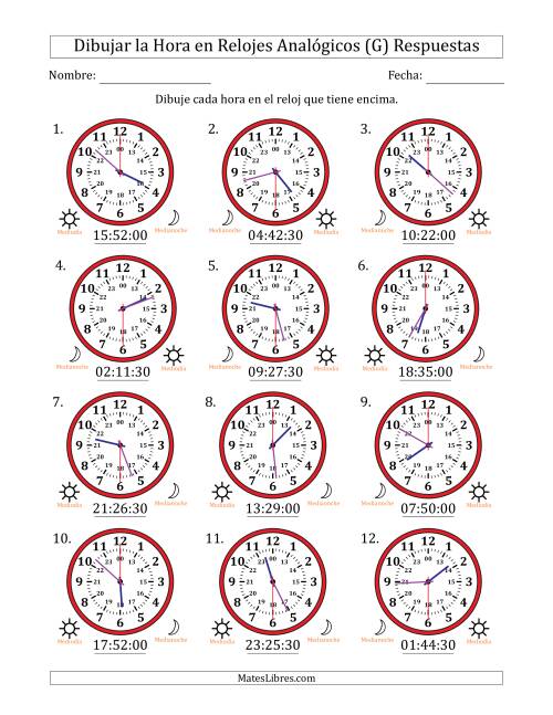 La hoja de ejercicios de Representar la Hora en Relojes Analógicos de 24 Horas en Intervalos de 30 Segundo (12 Relojes) (G) Página 2