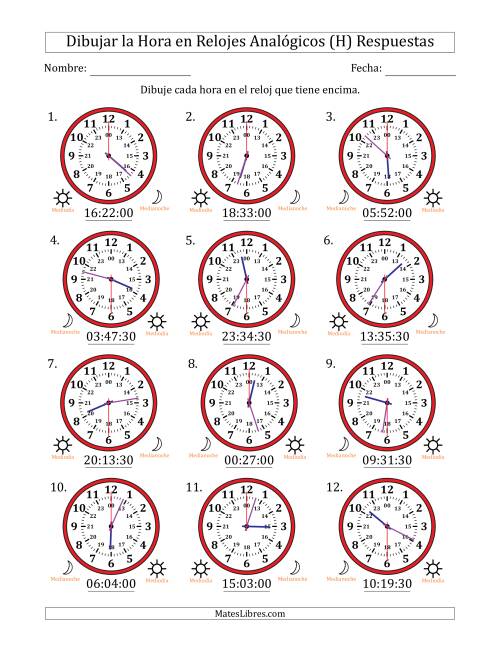 La hoja de ejercicios de Representar la Hora en Relojes Analógicos de 24 Horas en Intervalos de 30 Segundo (12 Relojes) (H) Página 2