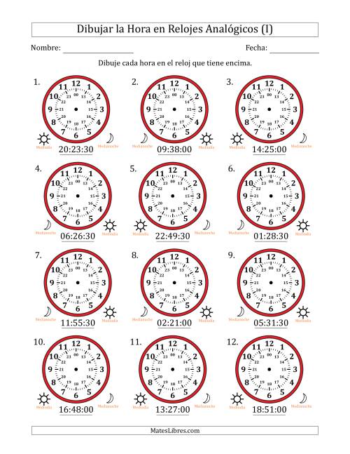 La hoja de ejercicios de Representar la Hora en Relojes Analógicos de 24 Horas en Intervalos de 30 Segundo (12 Relojes) (I)