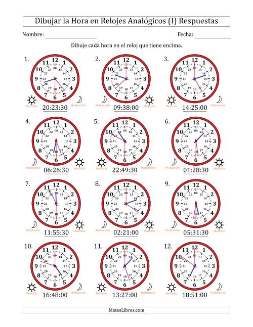 La hoja de ejercicios de Representar la Hora en Relojes Analógicos de 24 Horas en Intervalos de 30 Segundo (12 Relojes) (I) Página 2