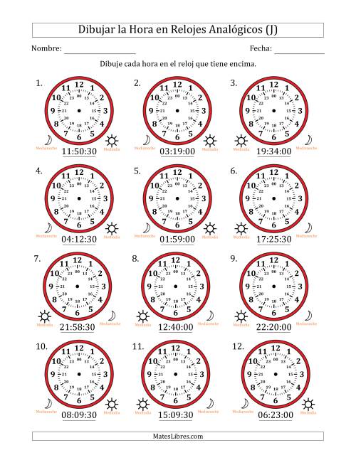 La hoja de ejercicios de Representar la Hora en Relojes Analógicos de 24 Horas en Intervalos de 30 Segundo (12 Relojes) (J)