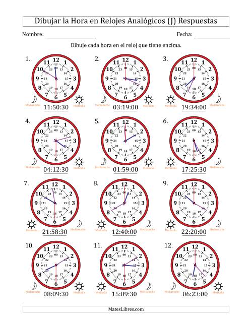La hoja de ejercicios de Representar la Hora en Relojes Analógicos de 24 Horas en Intervalos de 30 Segundo (12 Relojes) (J) Página 2