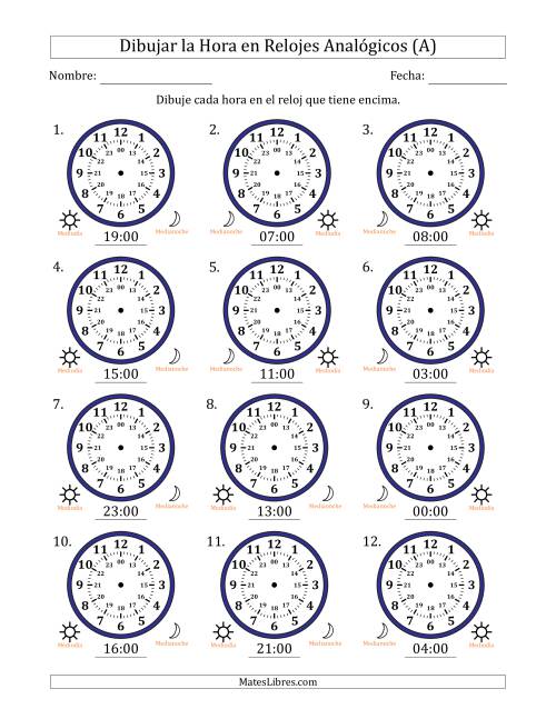 La hoja de ejercicios de Representar la Hora en Relojes Analógicos de 24 Horas en Intervalos de 1 Hora (12 Relojes) (A)