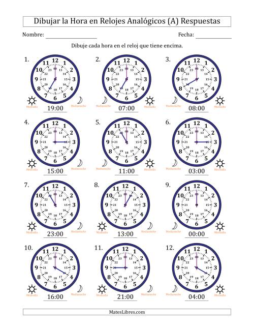 La hoja de ejercicios de Representar la Hora en Relojes Analógicos de 24 Horas en Intervalos de 1 Hora (12 Relojes) (A) Página 2
