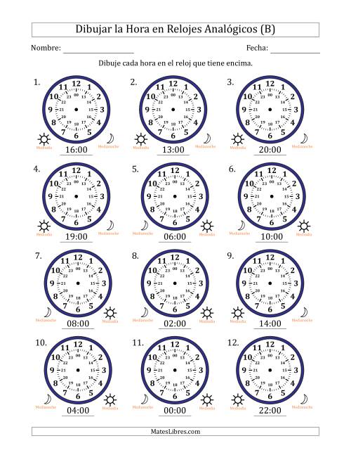 La hoja de ejercicios de Representar la Hora en Relojes Analógicos de 24 Horas en Intervalos de 1 Hora (12 Relojes) (B)