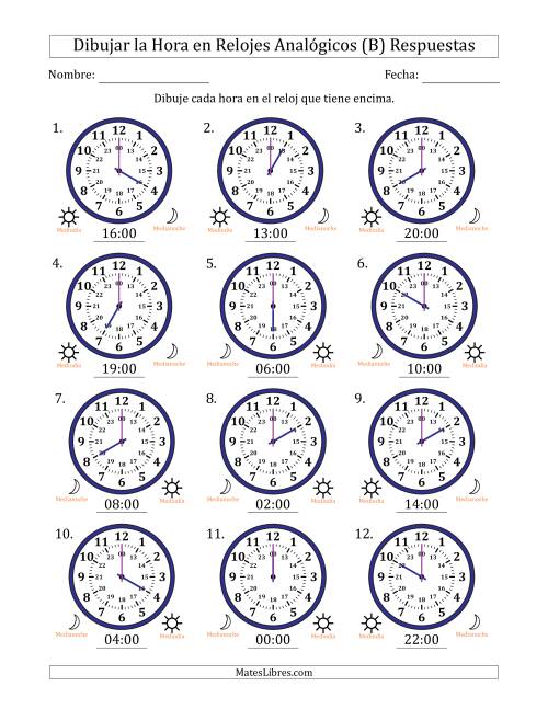 La hoja de ejercicios de Representar la Hora en Relojes Analógicos de 24 Horas en Intervalos de 1 Hora (12 Relojes) (B) Página 2