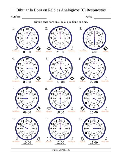 La hoja de ejercicios de Representar la Hora en Relojes Analógicos de 24 Horas en Intervalos de 1 Hora (12 Relojes) (C) Página 2