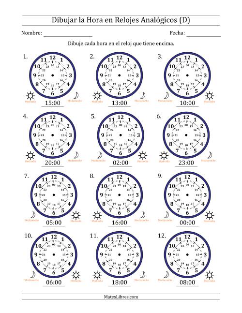La hoja de ejercicios de Representar la Hora en Relojes Analógicos de 24 Horas en Intervalos de 1 Hora (12 Relojes) (D)