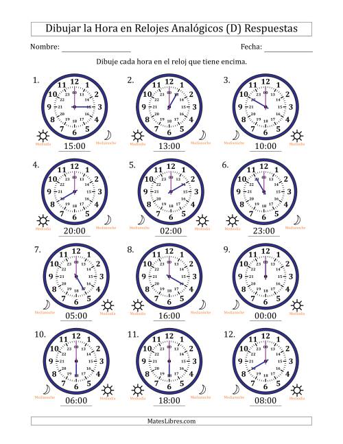 La hoja de ejercicios de Representar la Hora en Relojes Analógicos de 24 Horas en Intervalos de 1 Hora (12 Relojes) (D) Página 2