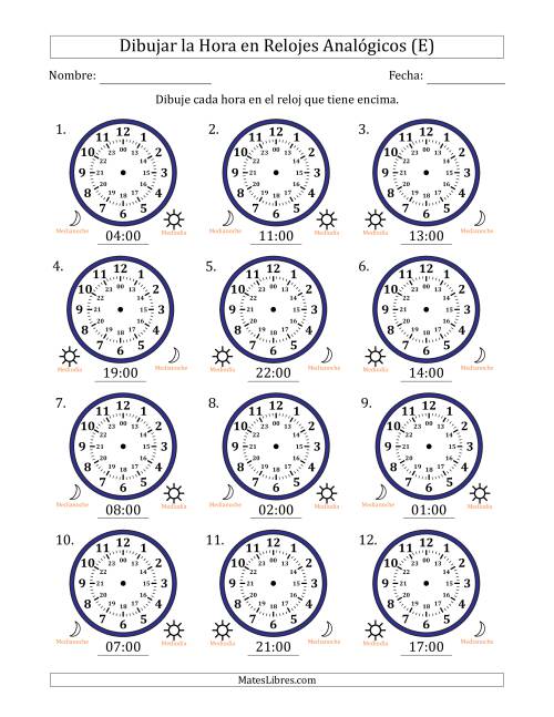La hoja de ejercicios de Representar la Hora en Relojes Analógicos de 24 Horas en Intervalos de 1 Hora (12 Relojes) (E)