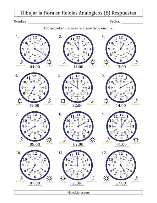 La hoja de ejercicios de Representar la Hora en Relojes Analógicos de 24 Horas en Intervalos de 1 Hora (12 Relojes) (E) Página 2