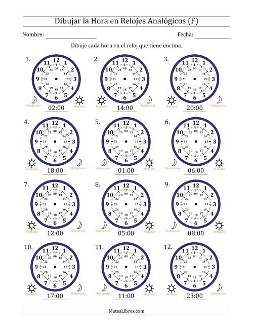 La hoja de ejercicios de Representar la Hora en Relojes Analógicos de 24 Horas en Intervalos de 1 Hora (12 Relojes) (F)