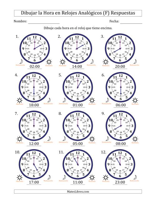 La hoja de ejercicios de Representar la Hora en Relojes Analógicos de 24 Horas en Intervalos de 1 Hora (12 Relojes) (F) Página 2
