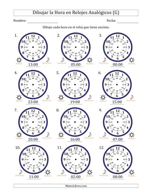 La hoja de ejercicios de Representar la Hora en Relojes Analógicos de 24 Horas en Intervalos de 1 Hora (12 Relojes) (G)