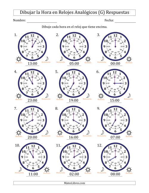 La hoja de ejercicios de Representar la Hora en Relojes Analógicos de 24 Horas en Intervalos de 1 Hora (12 Relojes) (G) Página 2