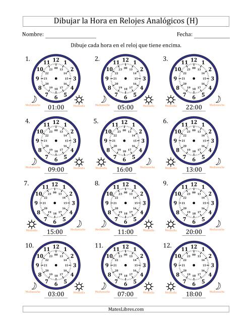 La hoja de ejercicios de Representar la Hora en Relojes Analógicos de 24 Horas en Intervalos de 1 Hora (12 Relojes) (H)