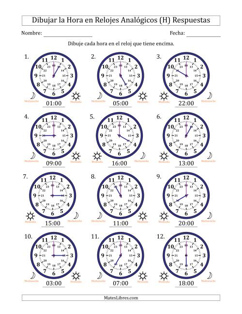 La hoja de ejercicios de Representar la Hora en Relojes Analógicos de 24 Horas en Intervalos de 1 Hora (12 Relojes) (H) Página 2