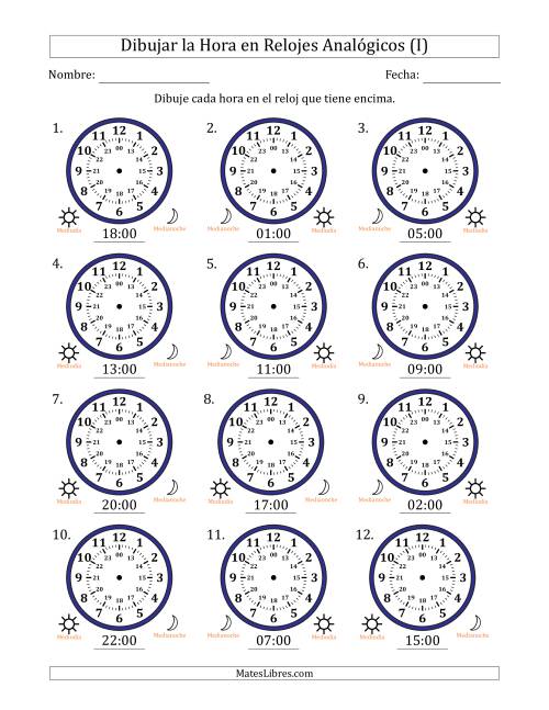 La hoja de ejercicios de Representar la Hora en Relojes Analógicos de 24 Horas en Intervalos de 1 Hora (12 Relojes) (I)