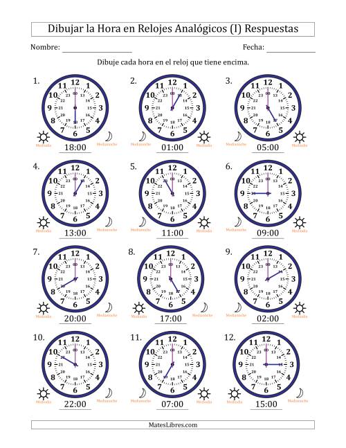 La hoja de ejercicios de Representar la Hora en Relojes Analógicos de 24 Horas en Intervalos de 1 Hora (12 Relojes) (I) Página 2