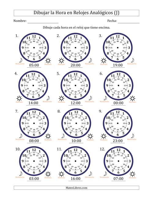 La hoja de ejercicios de Representar la Hora en Relojes Analógicos de 24 Horas en Intervalos de 1 Hora (12 Relojes) (J)