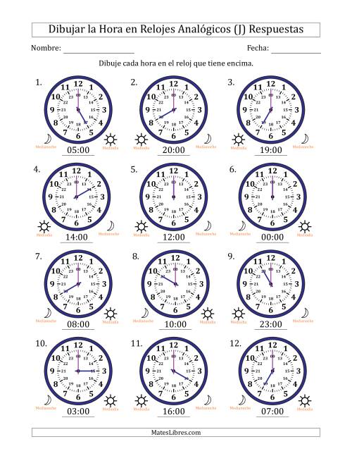 La hoja de ejercicios de Representar la Hora en Relojes Analógicos de 24 Horas en Intervalos de 1 Hora (12 Relojes) (J) Página 2