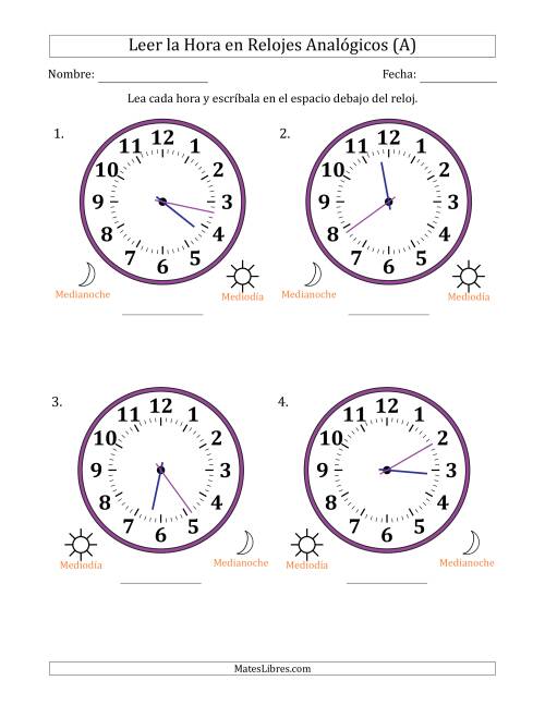 La hoja de ejercicios de Leer la Hora en Relojes Analógicos de 12 Horas en Intervalos de 1 Minuto (4 Relojes Grandes) (A)