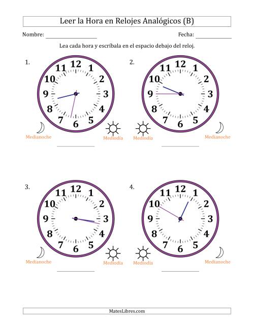 La hoja de ejercicios de Leer la Hora en Relojes Analógicos de 12 Horas en Intervalos de 1 Minuto (4 Relojes Grandes) (B)
