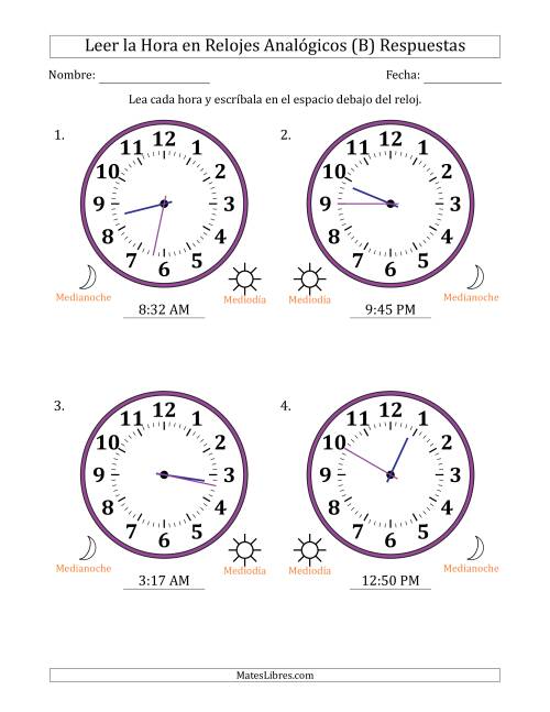 La hoja de ejercicios de Leer la Hora en Relojes Analógicos de 12 Horas en Intervalos de 1 Minuto (4 Relojes Grandes) (B) Página 2