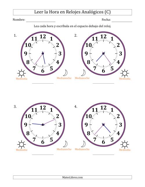 La hoja de ejercicios de Leer la Hora en Relojes Analógicos de 12 Horas en Intervalos de 1 Minuto (4 Relojes Grandes) (C)