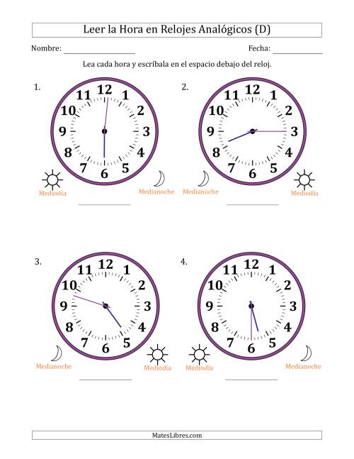 La hoja de ejercicios de Leer la Hora en Relojes Analógicos de 12 Horas en Intervalos de 1 Minuto (4 Relojes Grandes) (D)