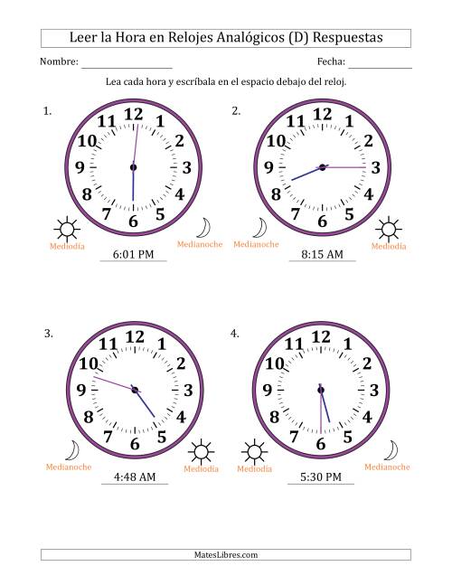 La hoja de ejercicios de Leer la Hora en Relojes Analógicos de 12 Horas en Intervalos de 1 Minuto (4 Relojes Grandes) (D) Página 2