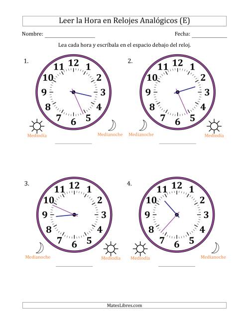 La hoja de ejercicios de Leer la Hora en Relojes Analógicos de 12 Horas en Intervalos de 1 Minuto (4 Relojes Grandes) (E)