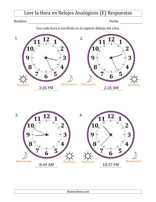 La hoja de ejercicios de Leer la Hora en Relojes Analógicos de 12 Horas en Intervalos de 1 Minuto (4 Relojes Grandes) (E) Página 2