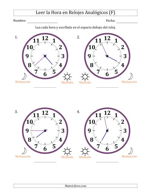 La hoja de ejercicios de Leer la Hora en Relojes Analógicos de 12 Horas en Intervalos de 1 Minuto (4 Relojes Grandes) (F)
