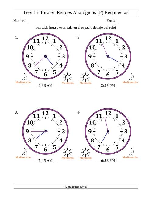 La hoja de ejercicios de Leer la Hora en Relojes Analógicos de 12 Horas en Intervalos de 1 Minuto (4 Relojes Grandes) (F) Página 2