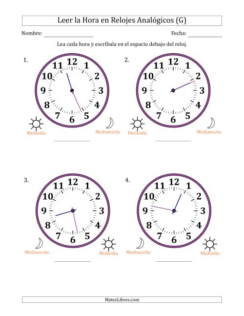 La hoja de ejercicios de Leer la Hora en Relojes Analógicos de 12 Horas en Intervalos de 1 Minuto (4 Relojes Grandes) (G)