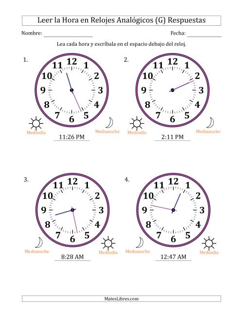 La hoja de ejercicios de Leer la Hora en Relojes Analógicos de 12 Horas en Intervalos de 1 Minuto (4 Relojes Grandes) (G) Página 2