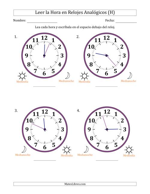 La hoja de ejercicios de Leer la Hora en Relojes Analógicos de 12 Horas en Intervalos de 1 Minuto (4 Relojes Grandes) (H)