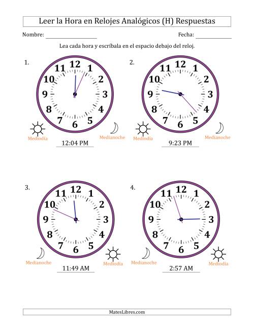 La hoja de ejercicios de Leer la Hora en Relojes Analógicos de 12 Horas en Intervalos de 1 Minuto (4 Relojes Grandes) (H) Página 2