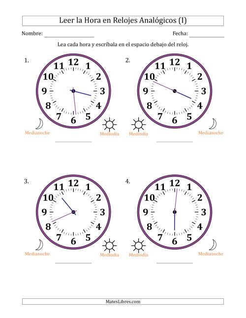 La hoja de ejercicios de Leer la Hora en Relojes Analógicos de 12 Horas en Intervalos de 1 Minuto (4 Relojes Grandes) (I)