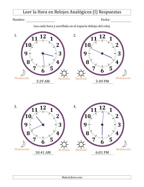 La hoja de ejercicios de Leer la Hora en Relojes Analógicos de 12 Horas en Intervalos de 1 Minuto (4 Relojes Grandes) (I) Página 2