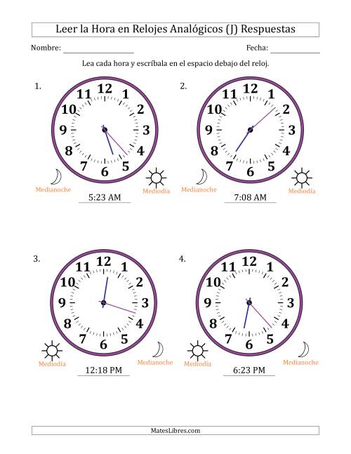 La hoja de ejercicios de Leer la Hora en Relojes Analógicos de 12 Horas en Intervalos de 1 Minuto (4 Relojes Grandes) (J) Página 2