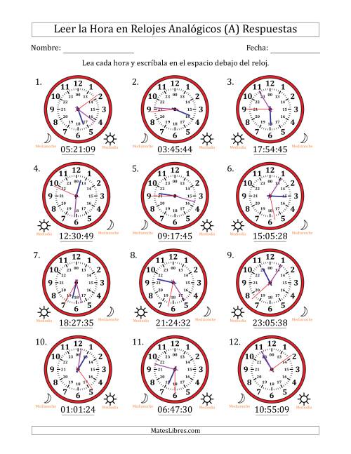 La hoja de ejercicios de Leer la Hora en Relojes Analógicos de 24 Horas en Intervalos de 1 Segundo (12 Relojes) (A) Página 2
