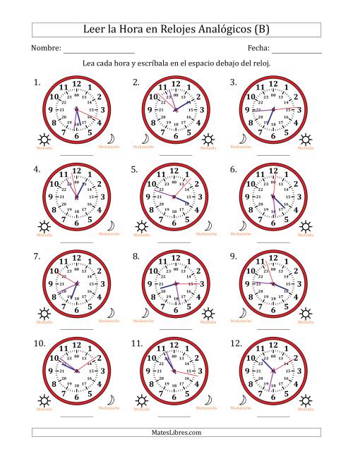 La hoja de ejercicios de Leer la Hora en Relojes Analógicos de 24 Horas en Intervalos de 1 Segundo (12 Relojes) (B)