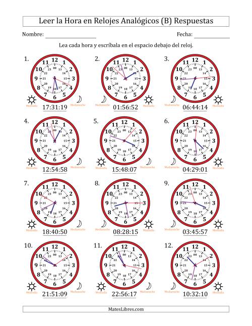 La hoja de ejercicios de Leer la Hora en Relojes Analógicos de 24 Horas en Intervalos de 1 Segundo (12 Relojes) (B) Página 2