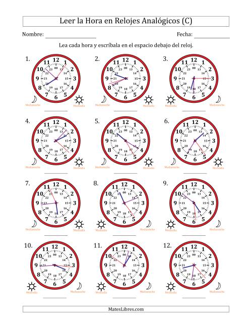 La hoja de ejercicios de Leer la Hora en Relojes Analógicos de 24 Horas en Intervalos de 1 Segundo (12 Relojes) (C)