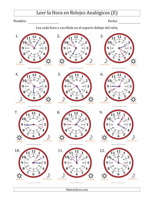 La hoja de ejercicios de Leer la Hora en Relojes Analógicos de 24 Horas en Intervalos de 1 Segundo (12 Relojes) (E)