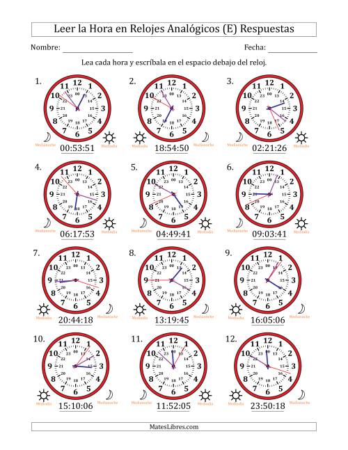 La hoja de ejercicios de Leer la Hora en Relojes Analógicos de 24 Horas en Intervalos de 1 Segundo (12 Relojes) (E) Página 2