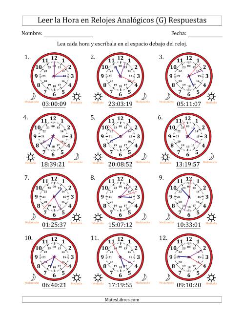 La hoja de ejercicios de Leer la Hora en Relojes Analógicos de 24 Horas en Intervalos de 1 Segundo (12 Relojes) (G) Página 2
